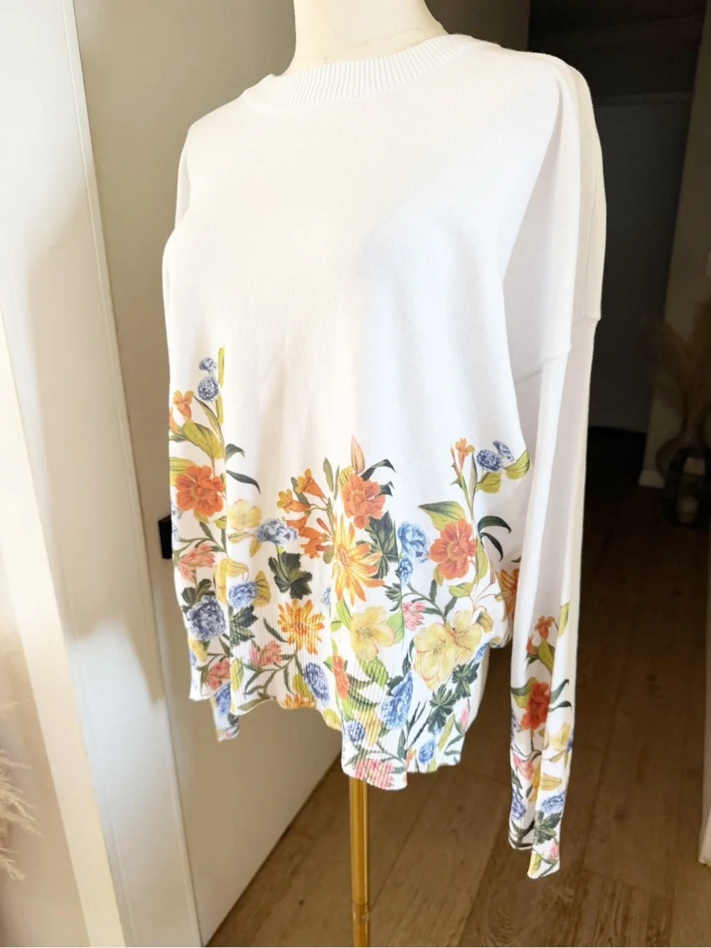 Beach Riot Long-Sleeve Blossom Top Ivory Floral Border Ribbed Knit Sz M NWT